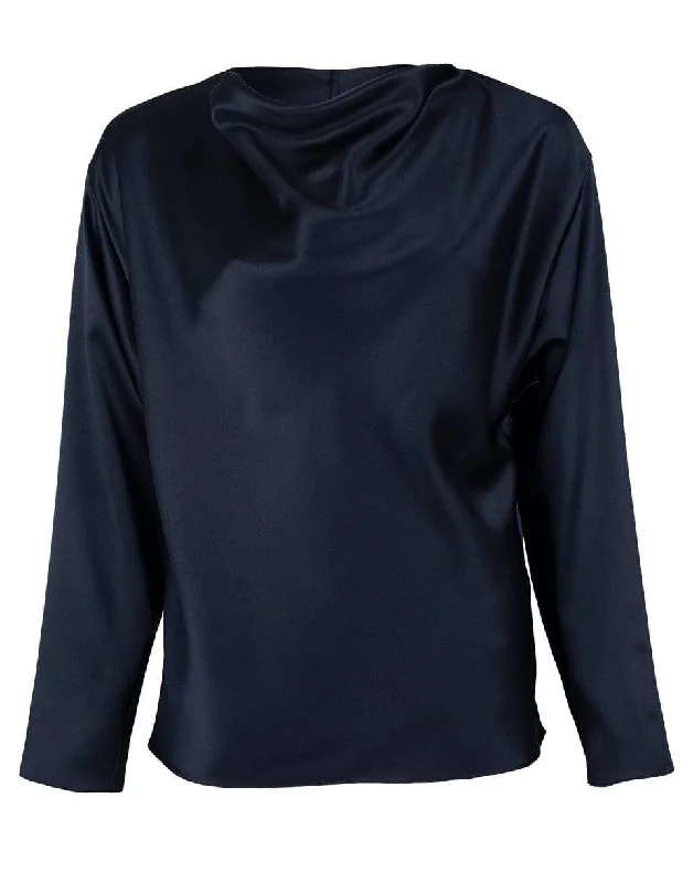 Navy Silk Cowl Neck Top