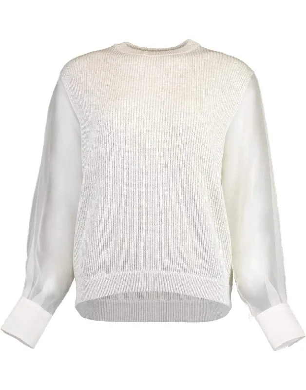 Organza Sleeve Cotton Rib Crewneck Knit