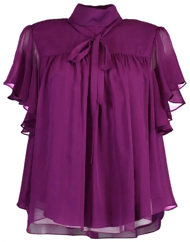 Silk Chiffon Voilet Flounce Sleeve Top