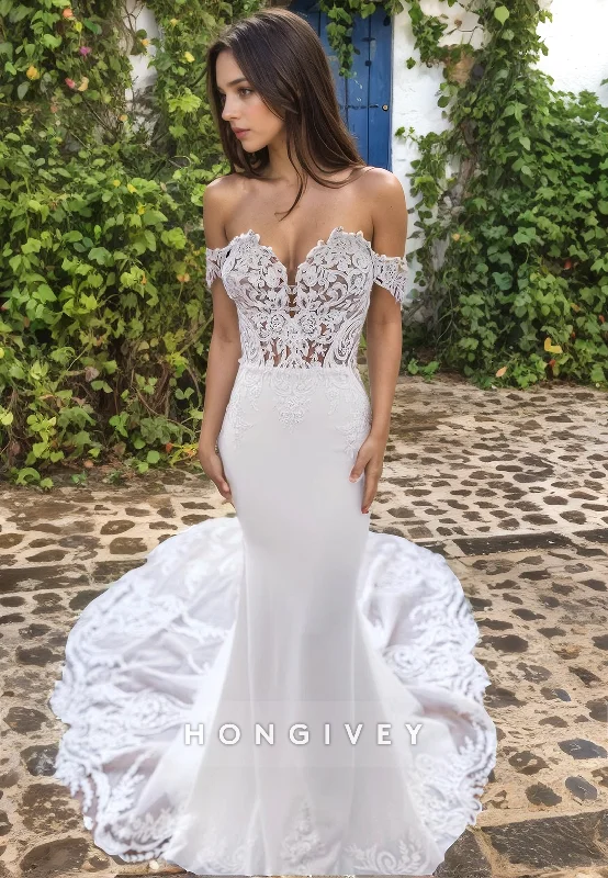 luxury Lace Applique Mermaid Wedding Dress Off-Shoulder Beach Bride's Dress