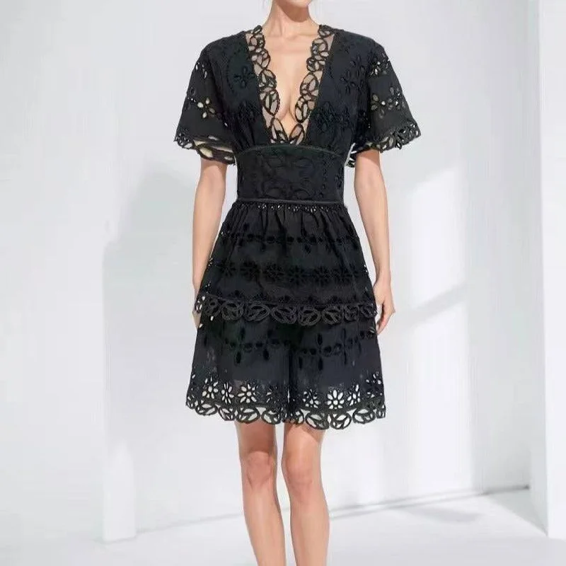 Ramona Short Sleeve V Neck Layered Lace Mini Dress