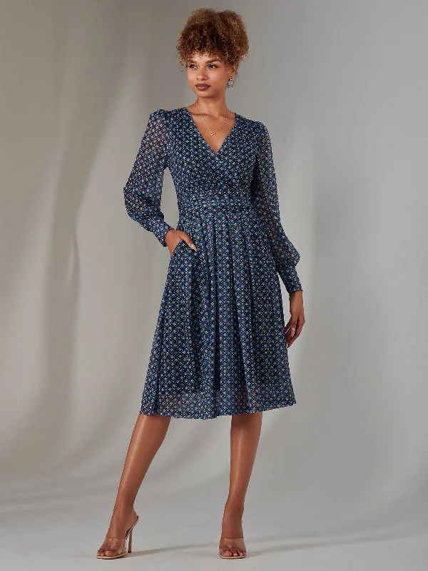 Long Sleeve Lace Print Midi Dress, Navy Geo