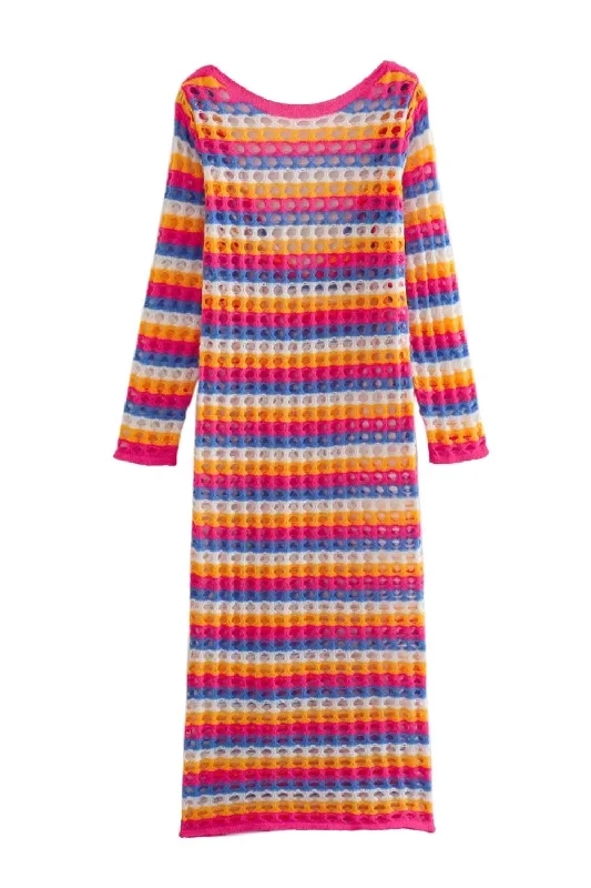 'Natalia' Crochet Stripe Long-Sleeved Dress