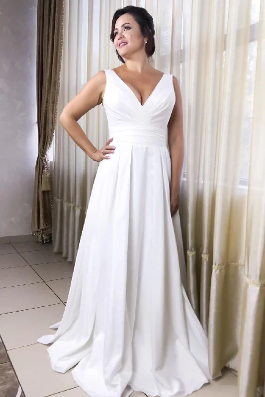 Long Simple V-Neck Empire White Wedding Dress