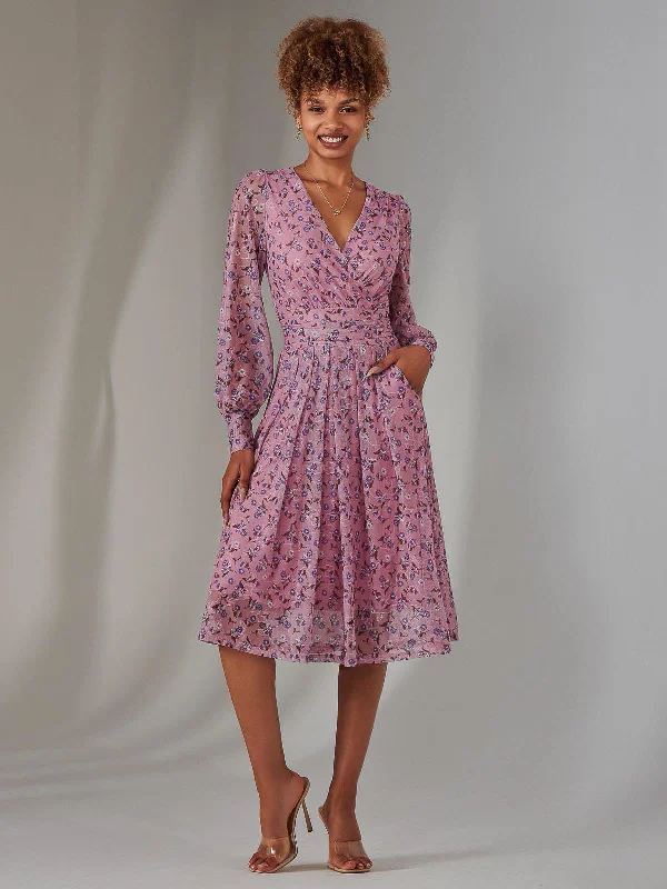 Long Sleeve Lace Print Midi Dress, Pink Floral