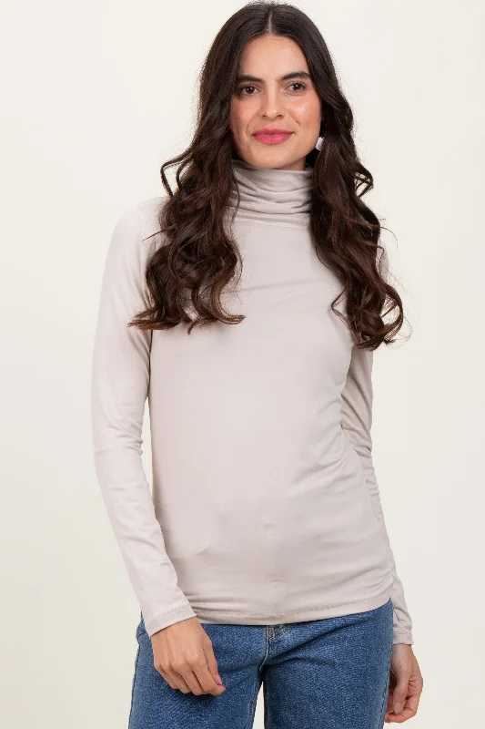 Cream Brushed Knit Basic Turtleneck Top