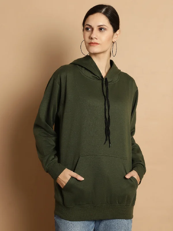 Mack Jonney Olive Solid Hooded Cotton Fleece Sweatshirt for Women