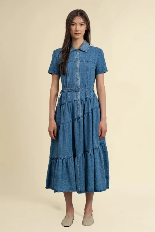 Tiered Denim Midi Dress