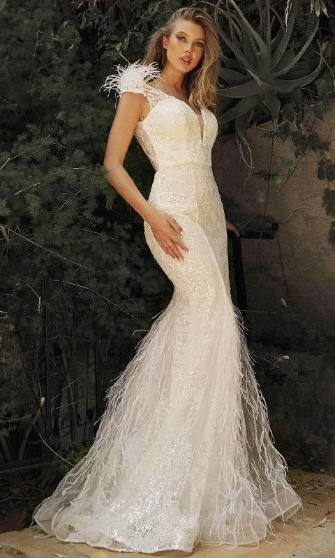 Cinderella Divine - V-Neck Feather Mermaid Bridal Gown C57W - 1 pc Off White In Size 8 Available