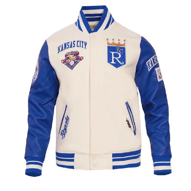 MLB KANSAS CITY ROYALS RETRO CLASSIC MEN'S RIB WOOL VARSITY JACKET (EGGSHELL/ UNIVERSITY BLUE)