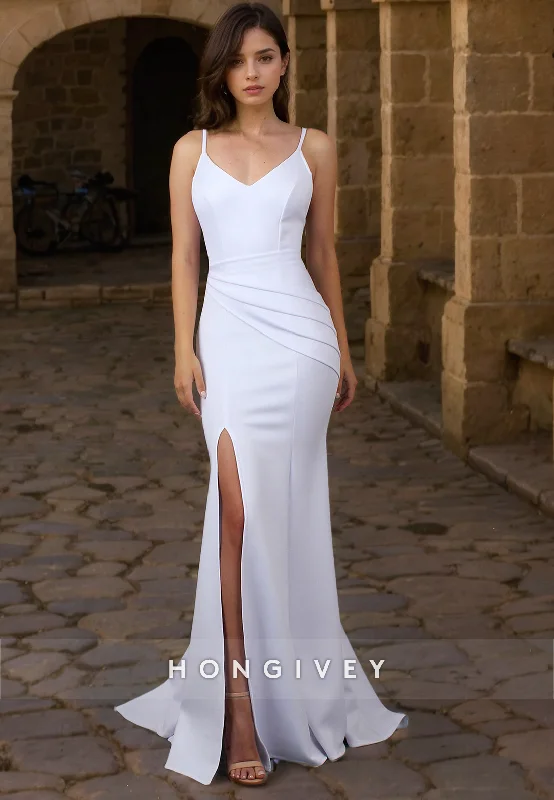 Satin Trumpet V-Neck Spaghetti Straps With Side Slit Wedding Dress