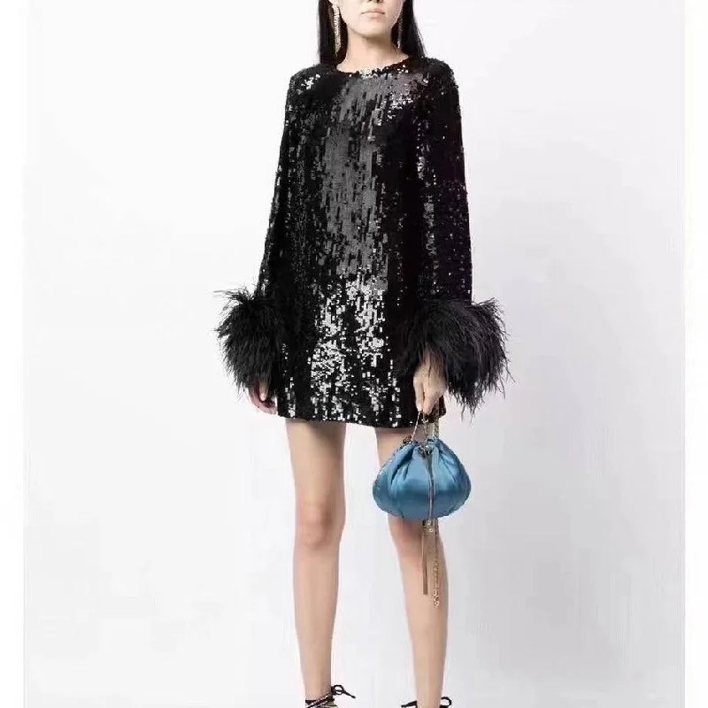 Melia Feather-trim Sequin Mini Dress