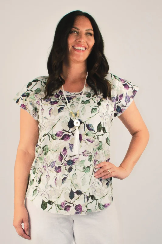 Vine Print Short Sleeve Linen Top