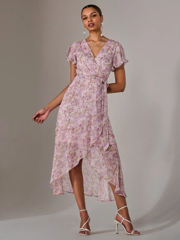 Chiffon Wrap Midi Dress, Pink Floral