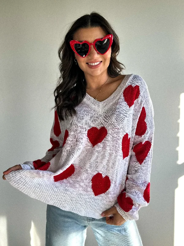 V-Neck Red & White Heart Knit Sweater