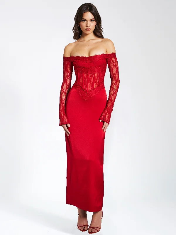 Red Lace Satin Corset Maxi Dress