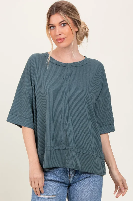 Teal Ribbed Boxy Fit Short Sleeve Top