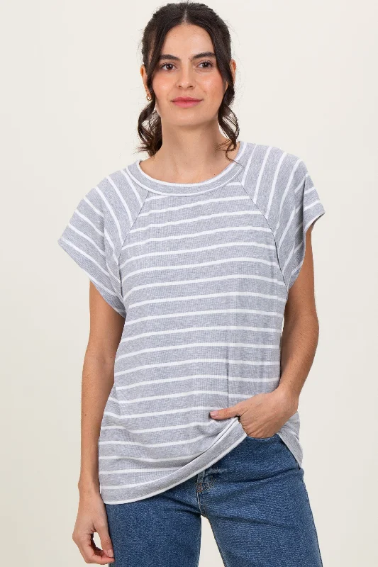 Heather Grey Stripe Ribbed Short Sleeve Tunic Top