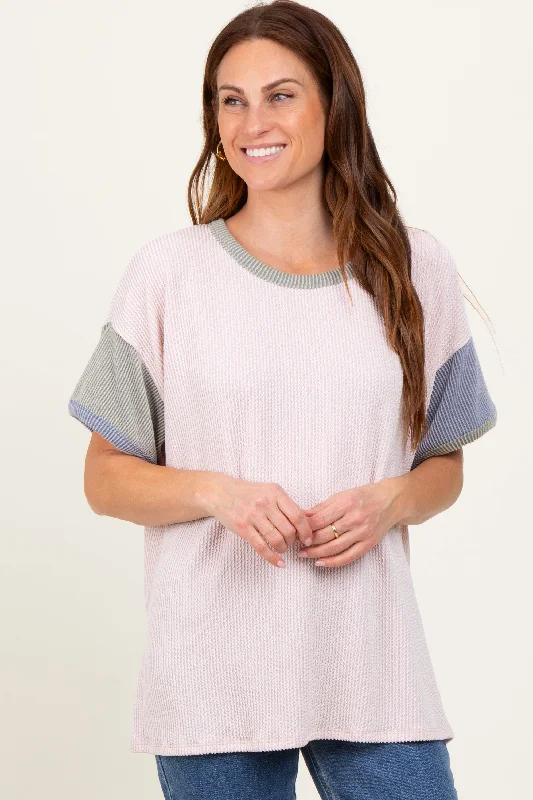 Peach Solid Ribbed Color Block Short Sleeve Tunic Top