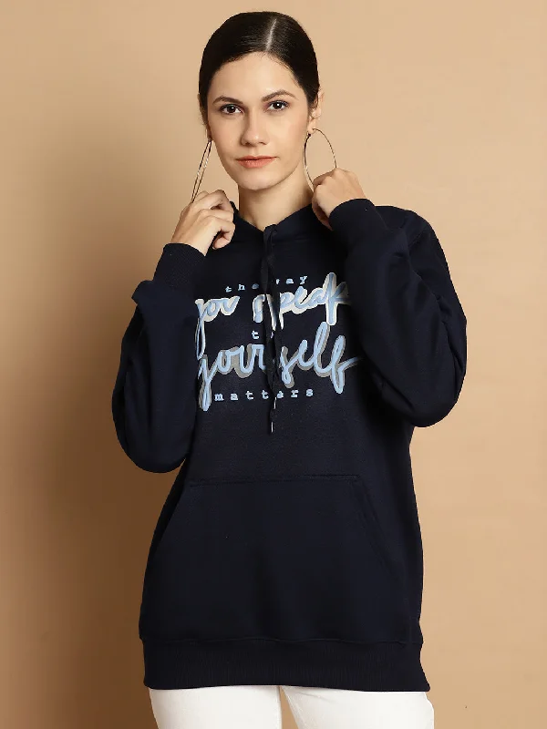 Mack Jonney Navy Blue Printed Hooded Cotton Fleece Sweatshirt for Women