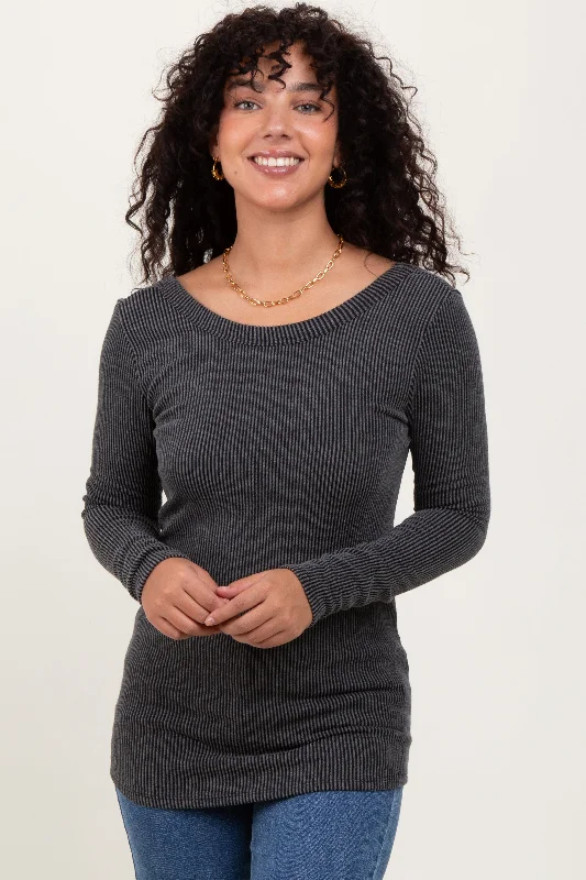 Charcoal Ribbed Scoop Neck Long Sleeve Top