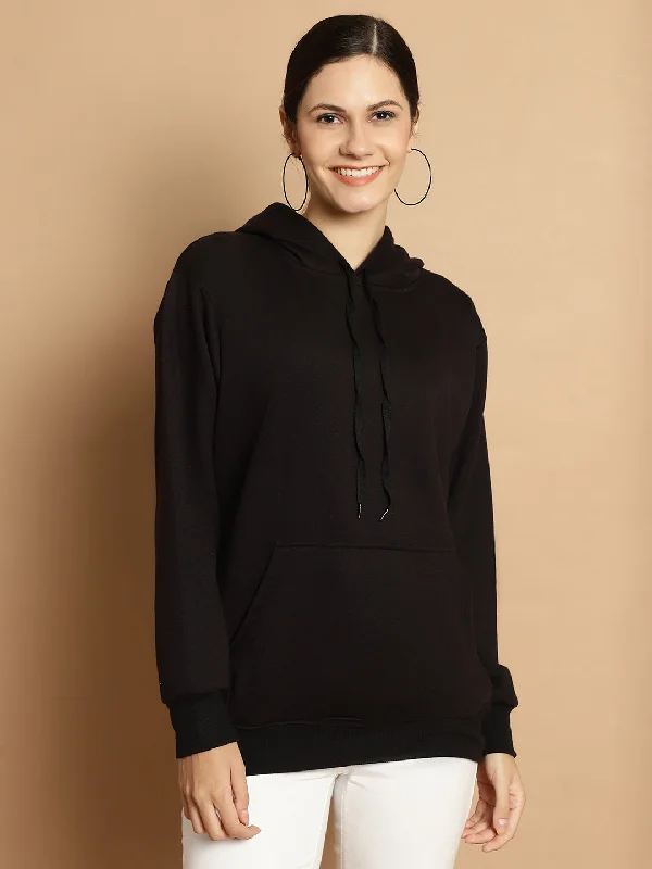 Mack Jonney Black Solid Hooded Cotton Fleece Sweatshirt for Women