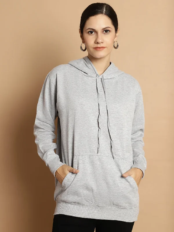 Mack Jonney Grey Melange Solid Hooded Cotton Fleece Sweatshirt for Women