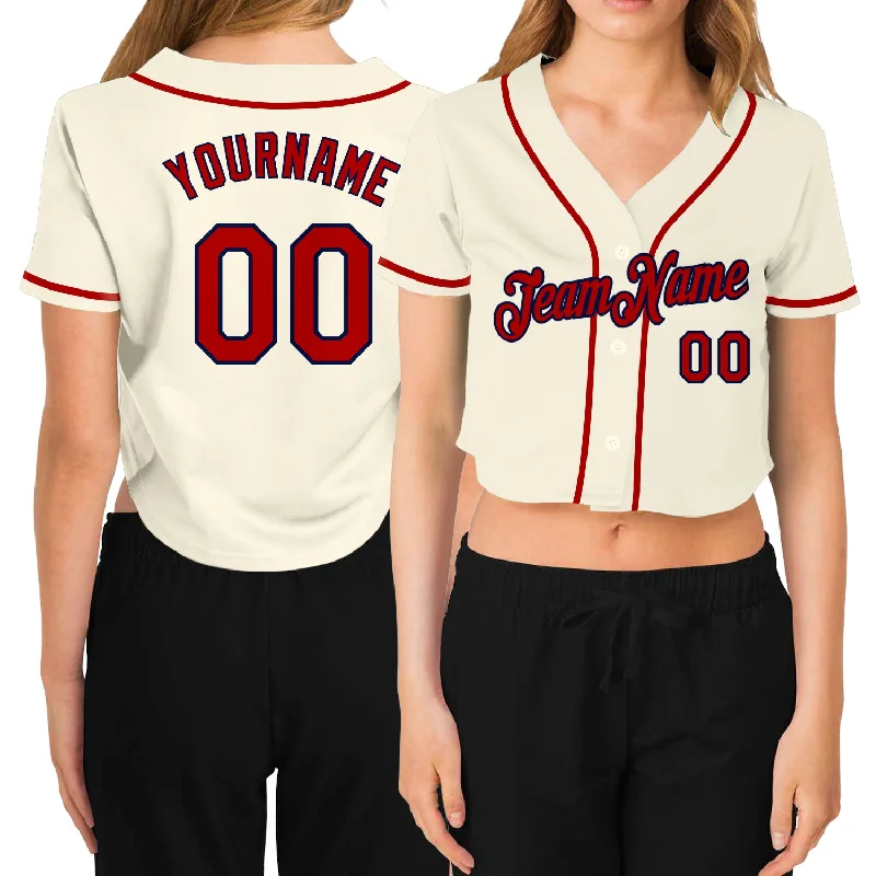 Custom Women's Cream Red-Navy V-Neck Cropped Baseball Jersey