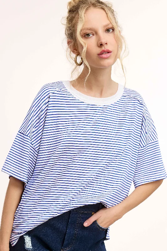 Royal Blue Striped Drop Shoulder Short Sleeve Top