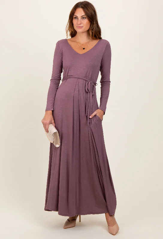 Mauve V-Neck Long Sleeve Sash Tie Maxi Dress