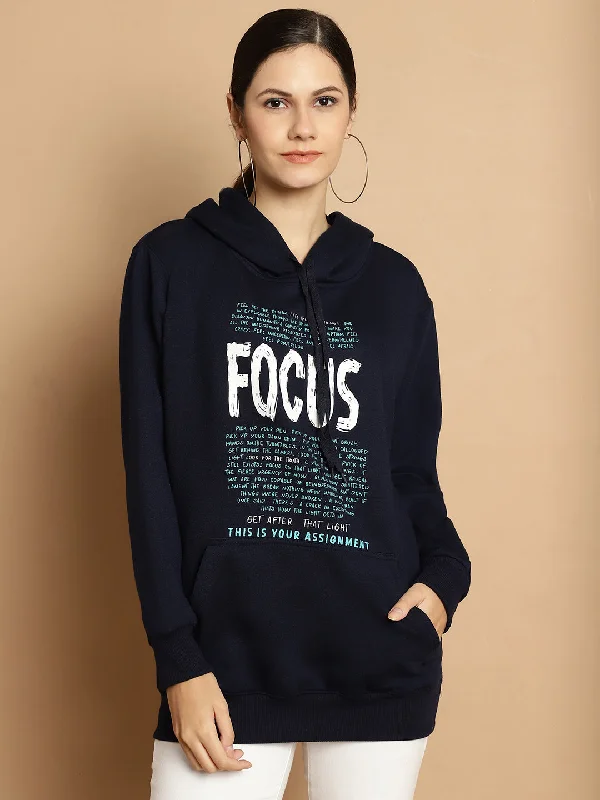 Mack Jonney Navy Blue Printed Hooded Cotton Fleece Sweatshirt for Women