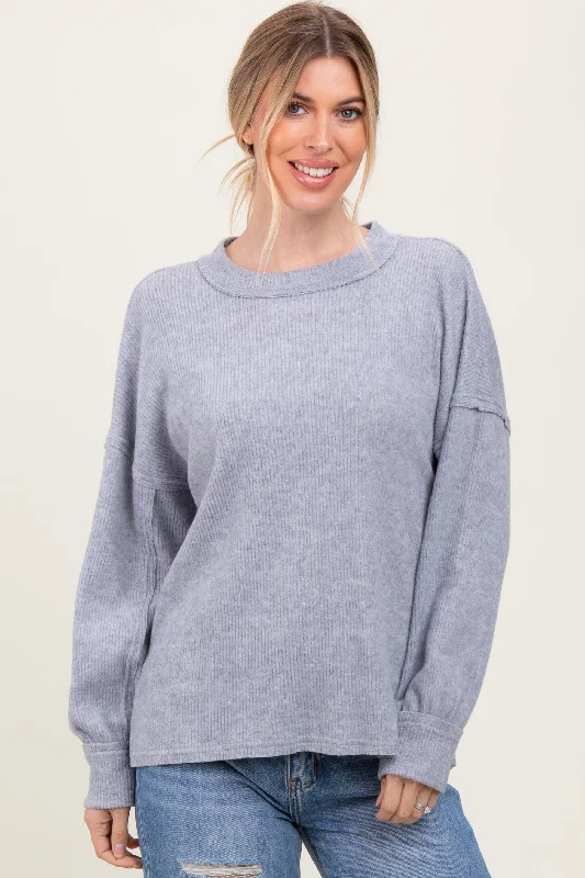 Heather Grey Brushed Ribbed Knit Pullover