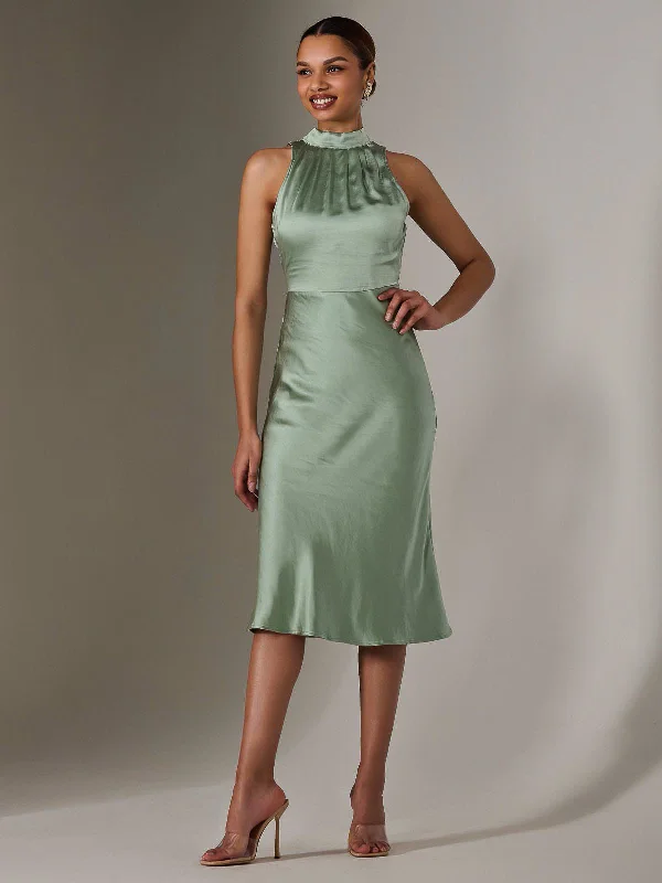 Satin Halter Neck Midi Dress, Green