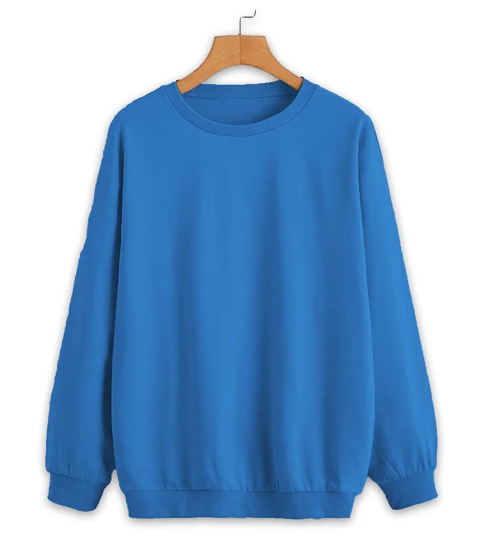 Mack Jonney Blue Solid Round Neck Cotton Fleece Sweatshirt for Women