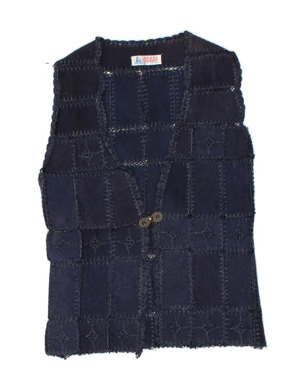 VINTAGE Womens Suede Gilet UK 12 Medium Navy Blue Patchwork