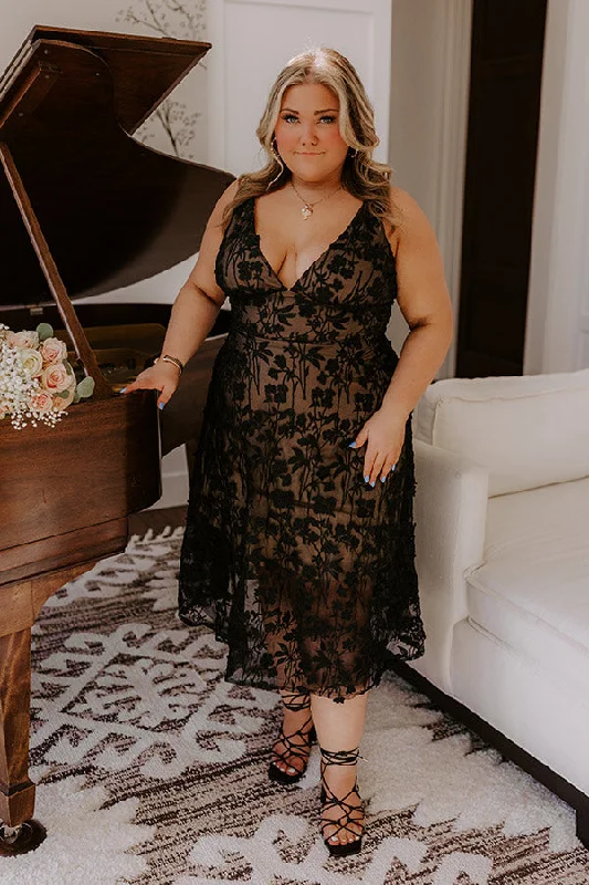 Romantic Moment Embroidered Midi Dress in Black Curves