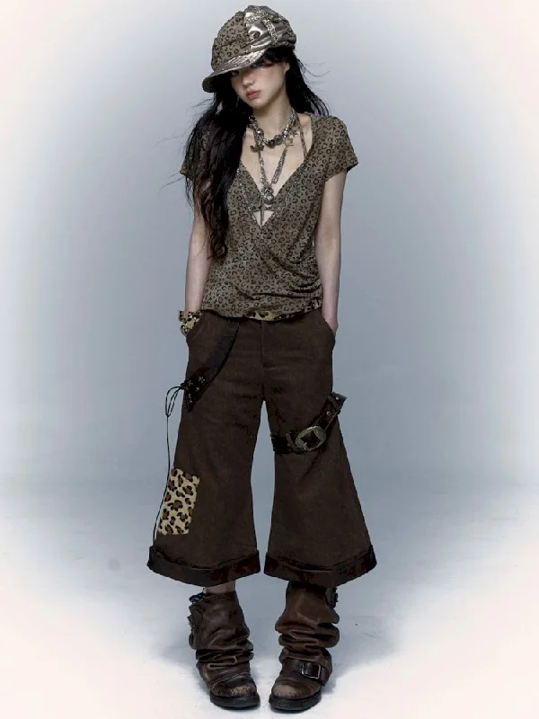 Leopard Leather Loose Low Waist Contour Seven Pants [s0000008405]