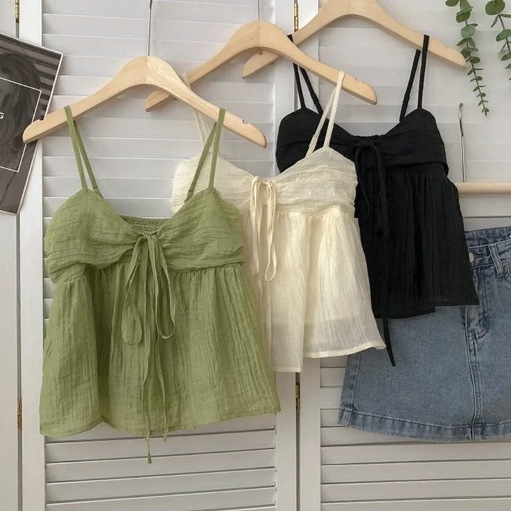 Summer New Korean Style Sweet Crop Tops All-Match Bow Tie Sleeveless Short Mesh Outer Wear Spaghetti-Strap Camisole Top