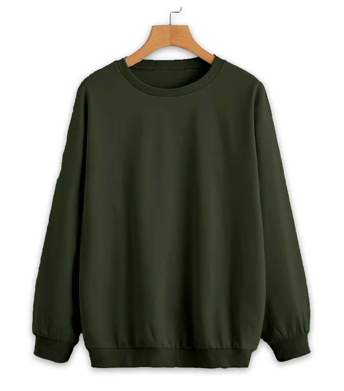 Mack Jonney Olive Solid Round Neck Cotton Fleece Sweatshirt for Women