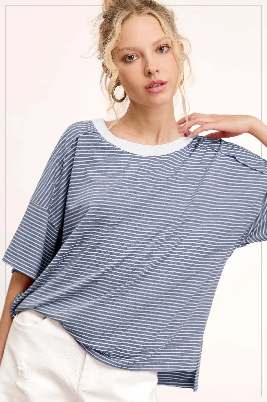 Light Navy Striped Drop Shoulder Short Sleeve Top