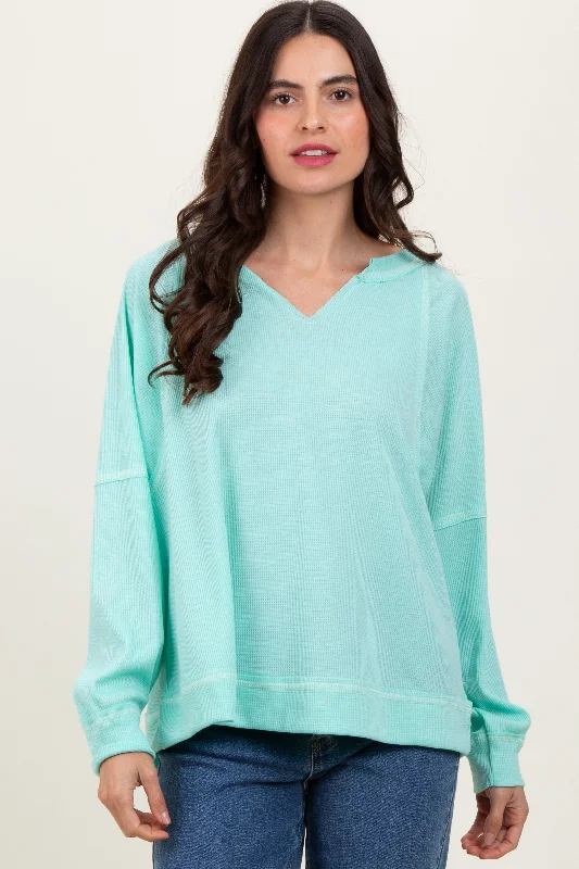 Mint Oversized V-Neck Waffle Knit Long Sleeve Top