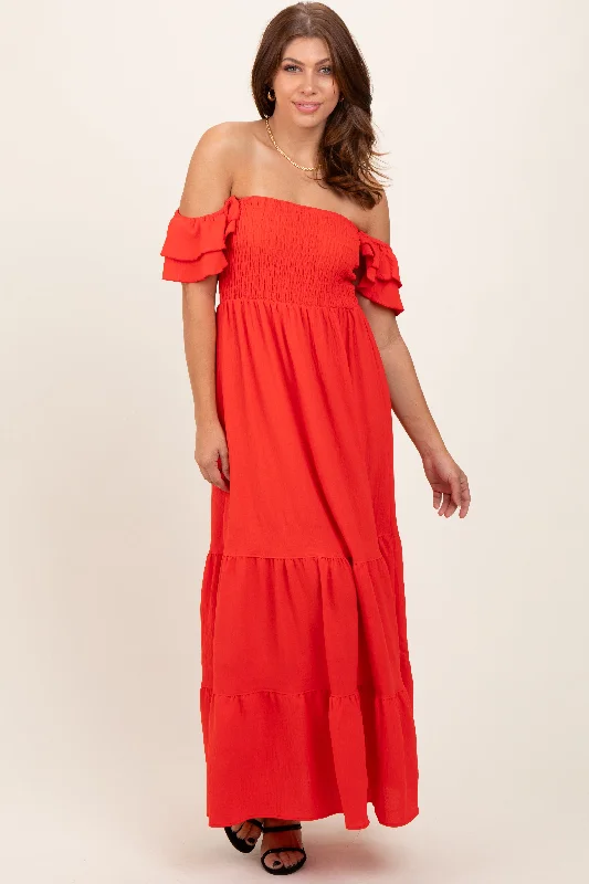 Red Smocked Ruffle Off Shoulder Tiered Maxi Dress