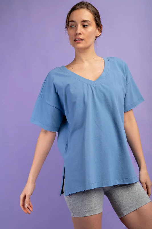 Blue Oversized V-Neck Side Slit Tee