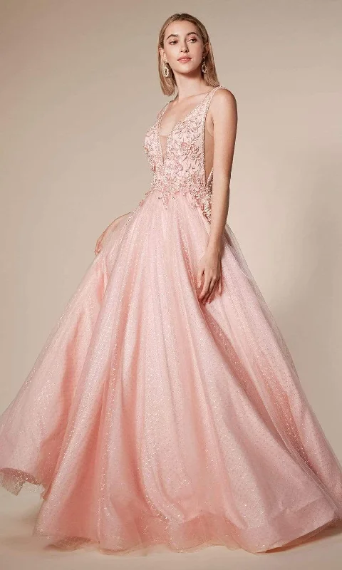 Andrea and Leo - A0696 Floral Appliqued Beaded V Cut Bodice Ballgown