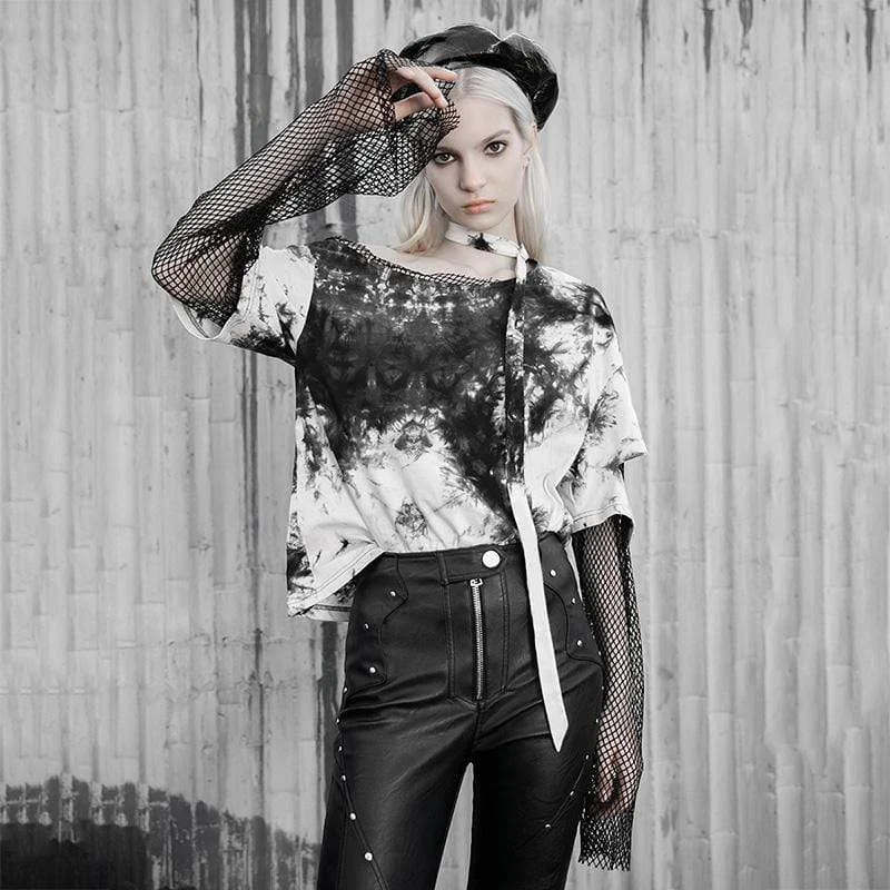 Women's Ink Painting Ripped Stitching Mesh T-shirts