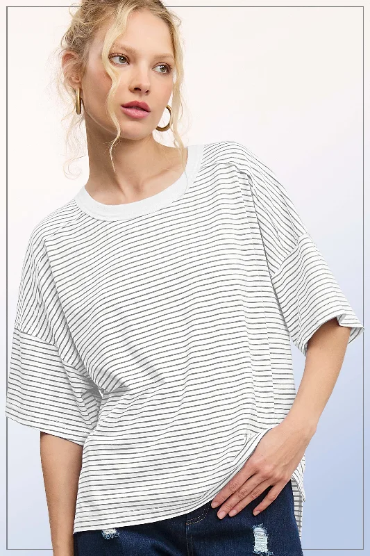 Heather Grey Striped Drop Shoulder Short Sleeve Top