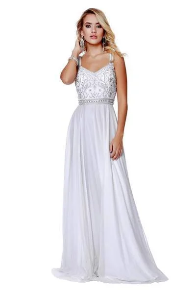 Shail K - Embellished V-neck Tulle A-line Dress 12213 - 1 pc White In Size 8 Available