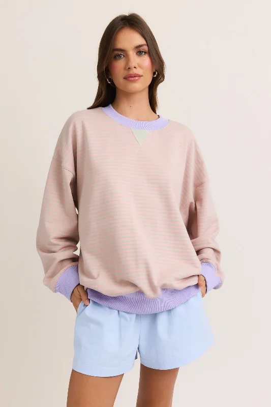 Light Pink Striped Crew Neck Oversized Sweatshirt