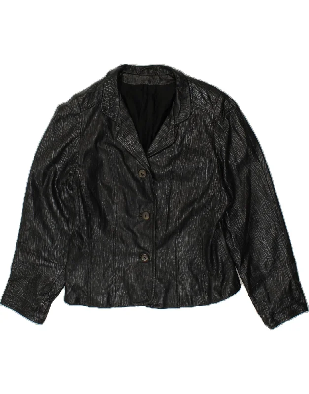 VINTAGE Womens 3 Button Leather Blazer Jacket UK 12 Medium Black Leather