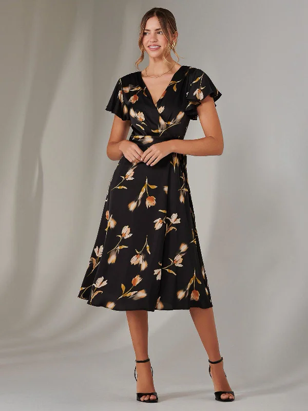 Wrap Front Midi Dress, Black Floral